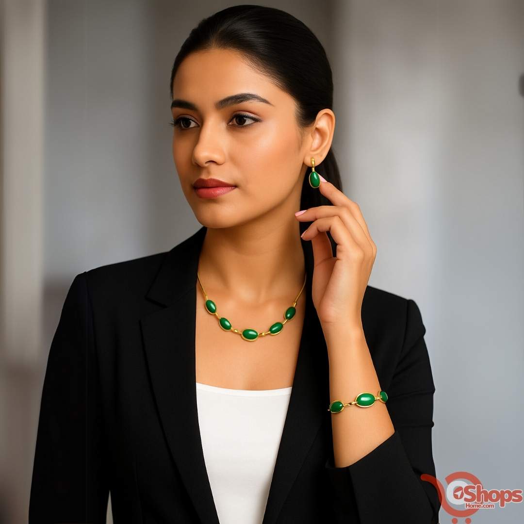 Oval Green Crystal Pendant Necklace Set With Bracelet - shops-home.com